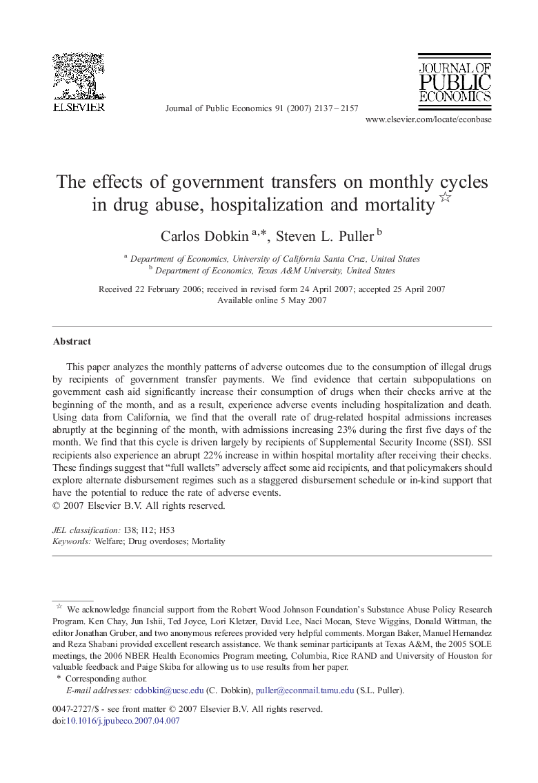 The effects of government transfers on monthly cycles in drug abuse, hospitalization and mortality 