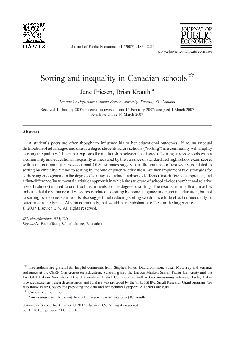 Sorting and inequality in Canadian schools