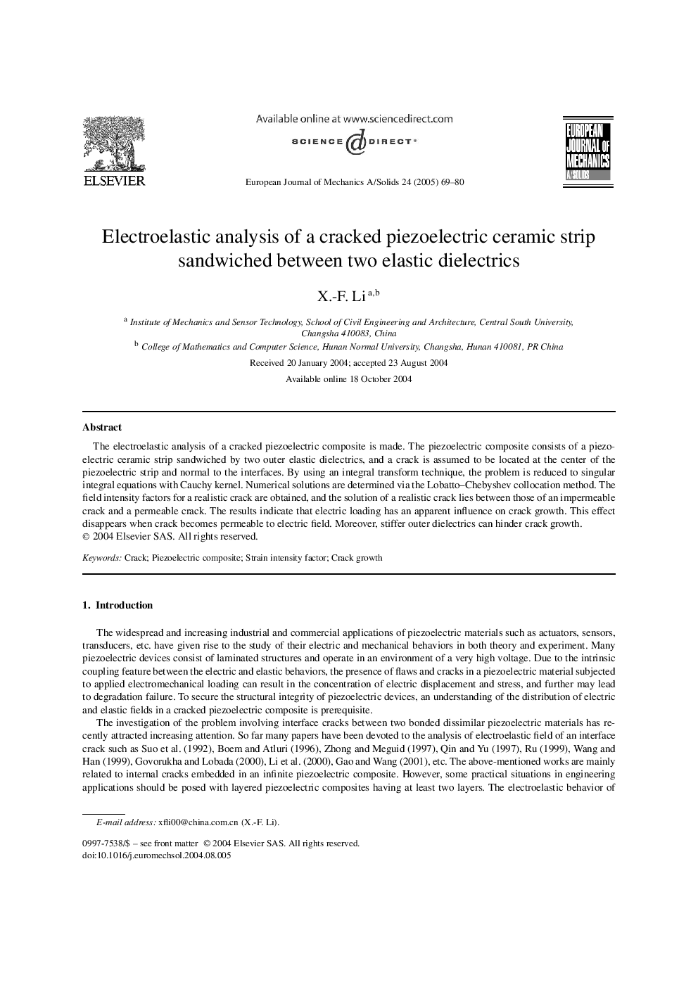 Electroelastic analysis of a cracked piezoelectric ceramic strip sandwiched between two elastic dielectrics