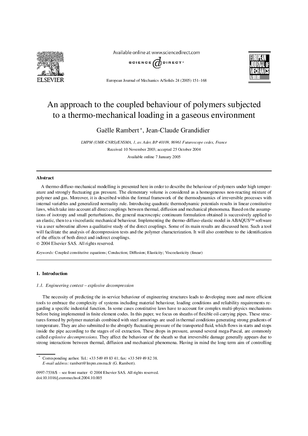 An approach to the coupled behaviour of polymers subjected to a thermo-mechanical loading in a gaseous environment