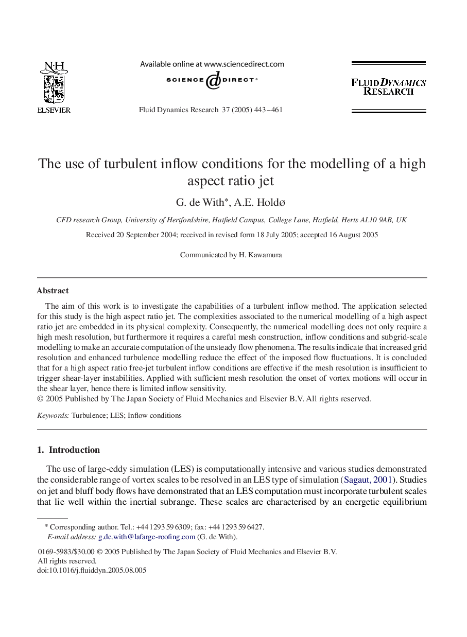 The use of turbulent inflow conditions for the modelling of a high aspect ratio jet