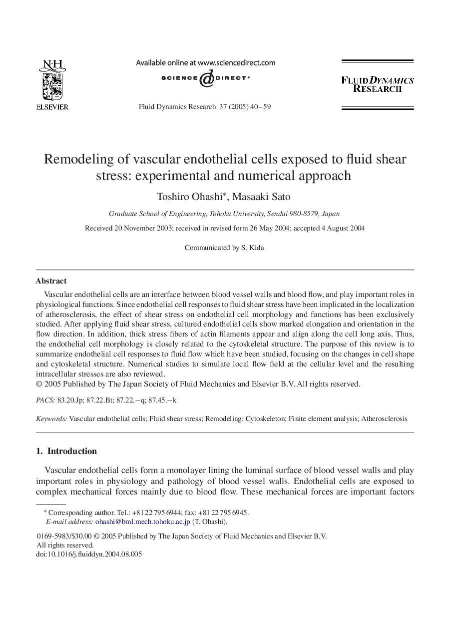 Remodeling of vascular endothelial cells exposed to fluid shear stress: experimental and numerical approach