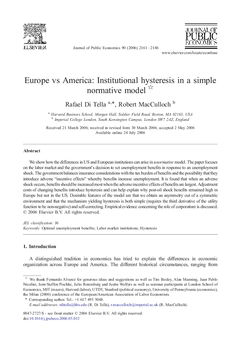 Europe vs America: Institutional hysteresis in a simple normative model 