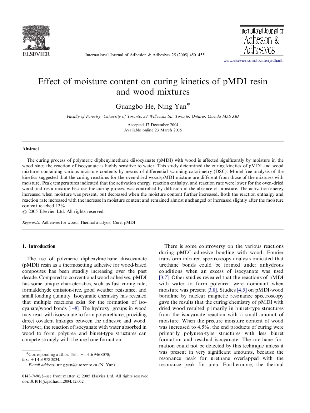 Effect of moisture content on curing kinetics of pMDI resin and wood mixtures