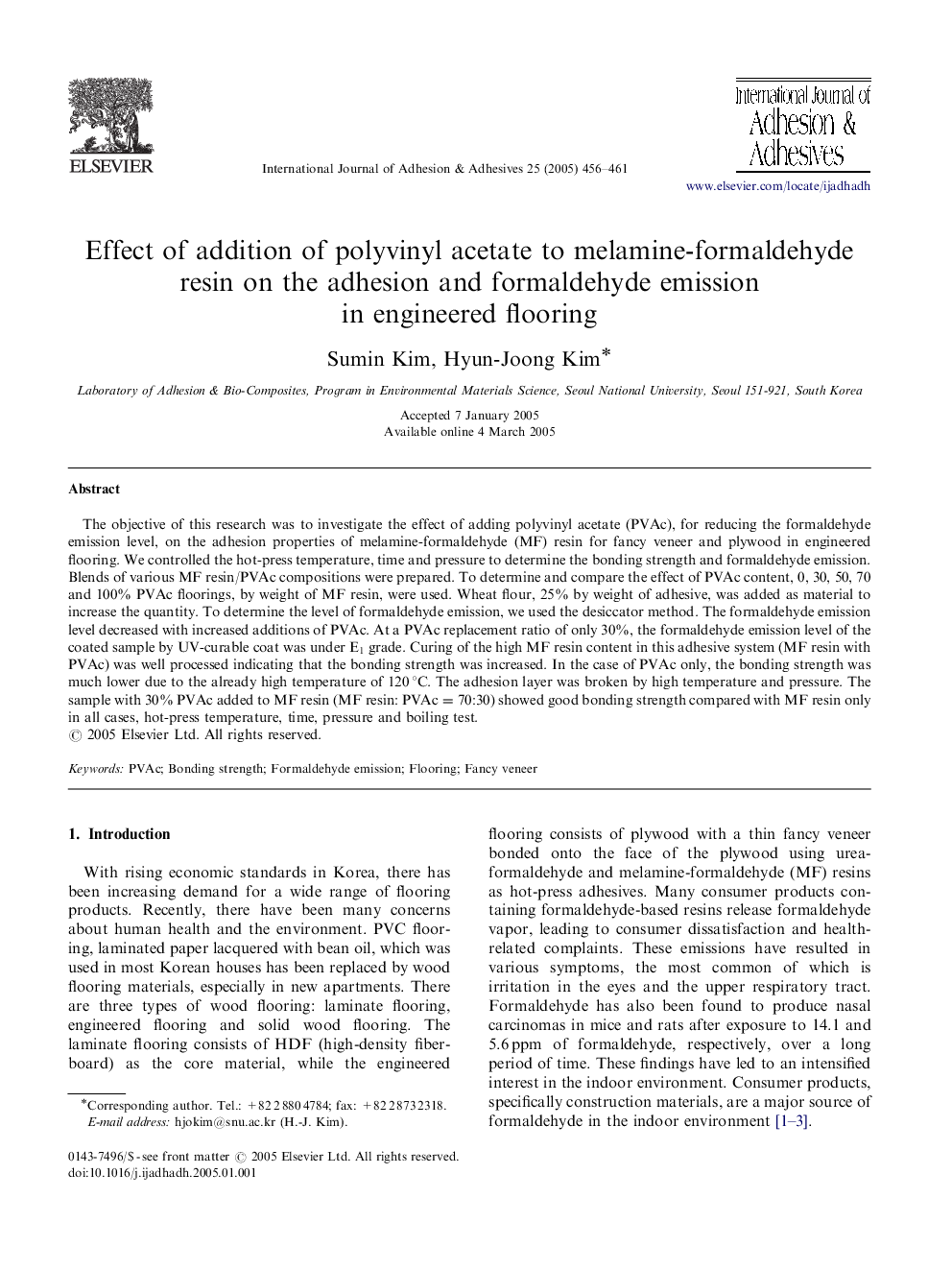 Effect of addition of polyvinyl acetate to melamine-formaldehyde resin on the adhesion and formaldehyde emission in engineered flooring