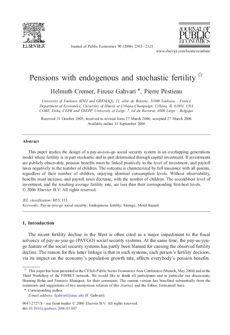 Pensions with endogenous and stochastic fertility 