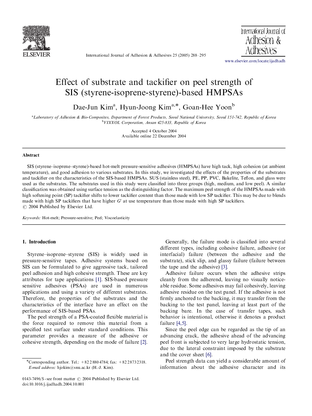 Effect of substrate and tackifier on peel strength of SIS (styrene-isoprene-styrene)-based HMPSAs