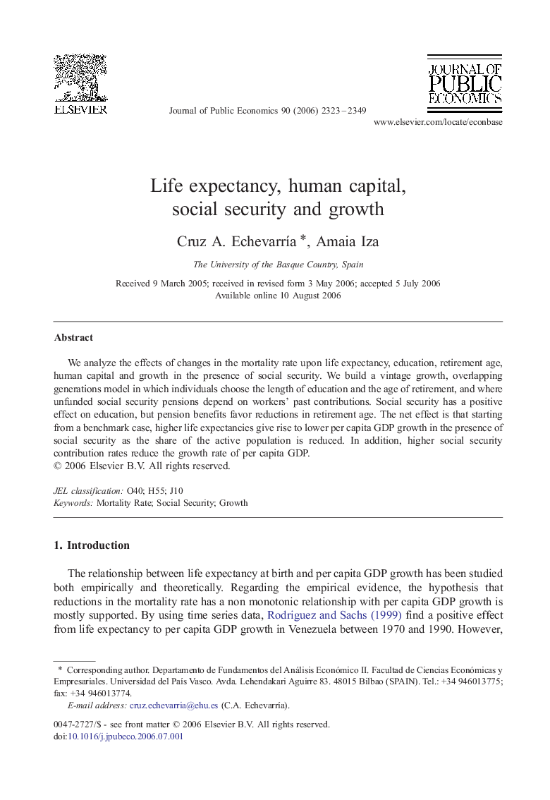 Life expectancy, human capital, social security and growth