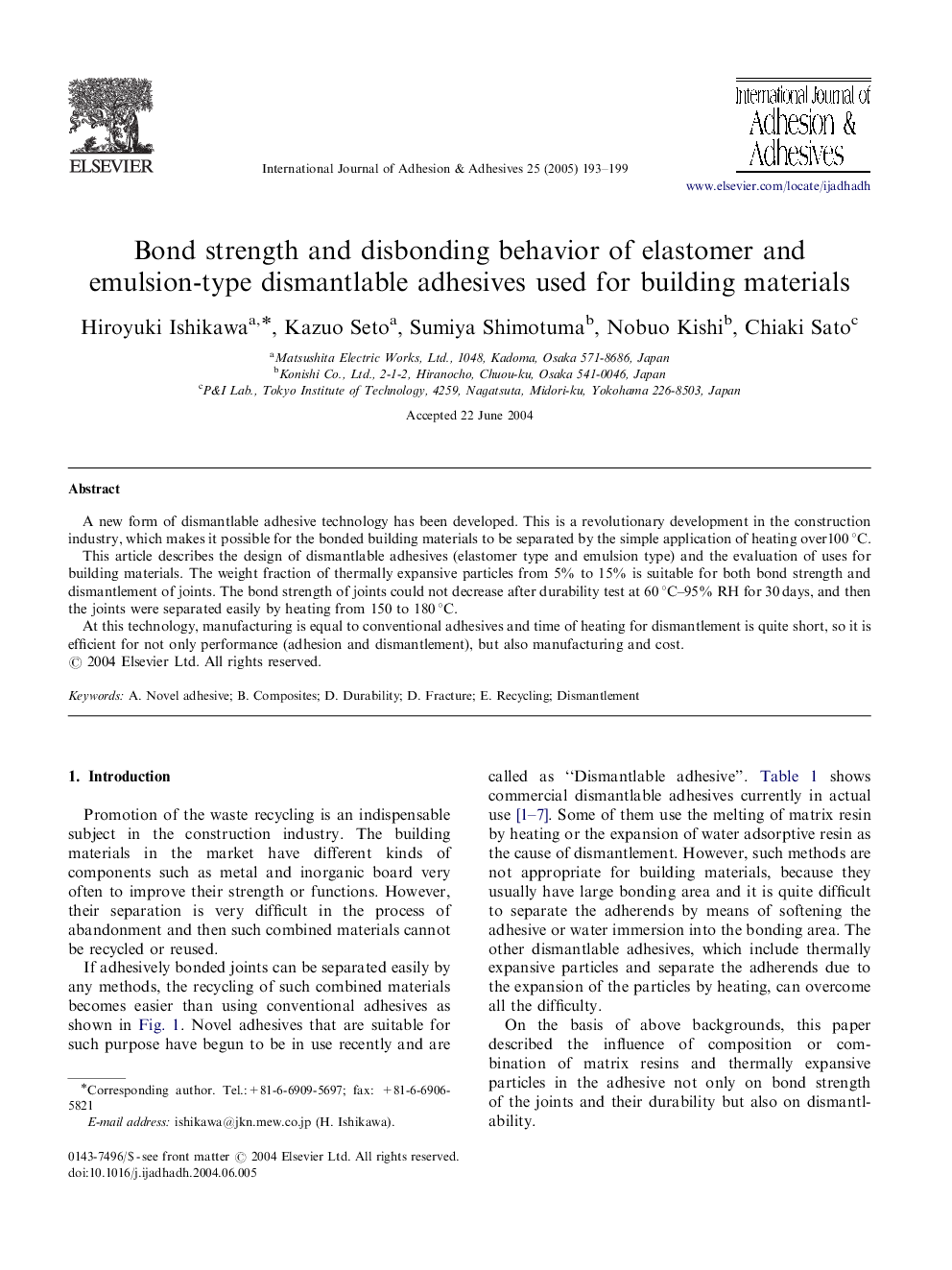 Bond strength and disbonding behavior of elastomer and emulsion-type dismantlable adhesives used for building materials