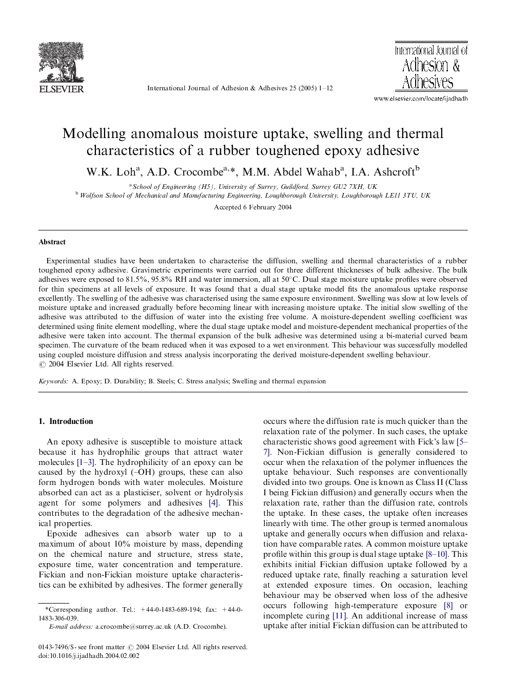 Modelling anomalous moisture uptake, swelling and thermal characteristics of a rubber toughened epoxy adhesive