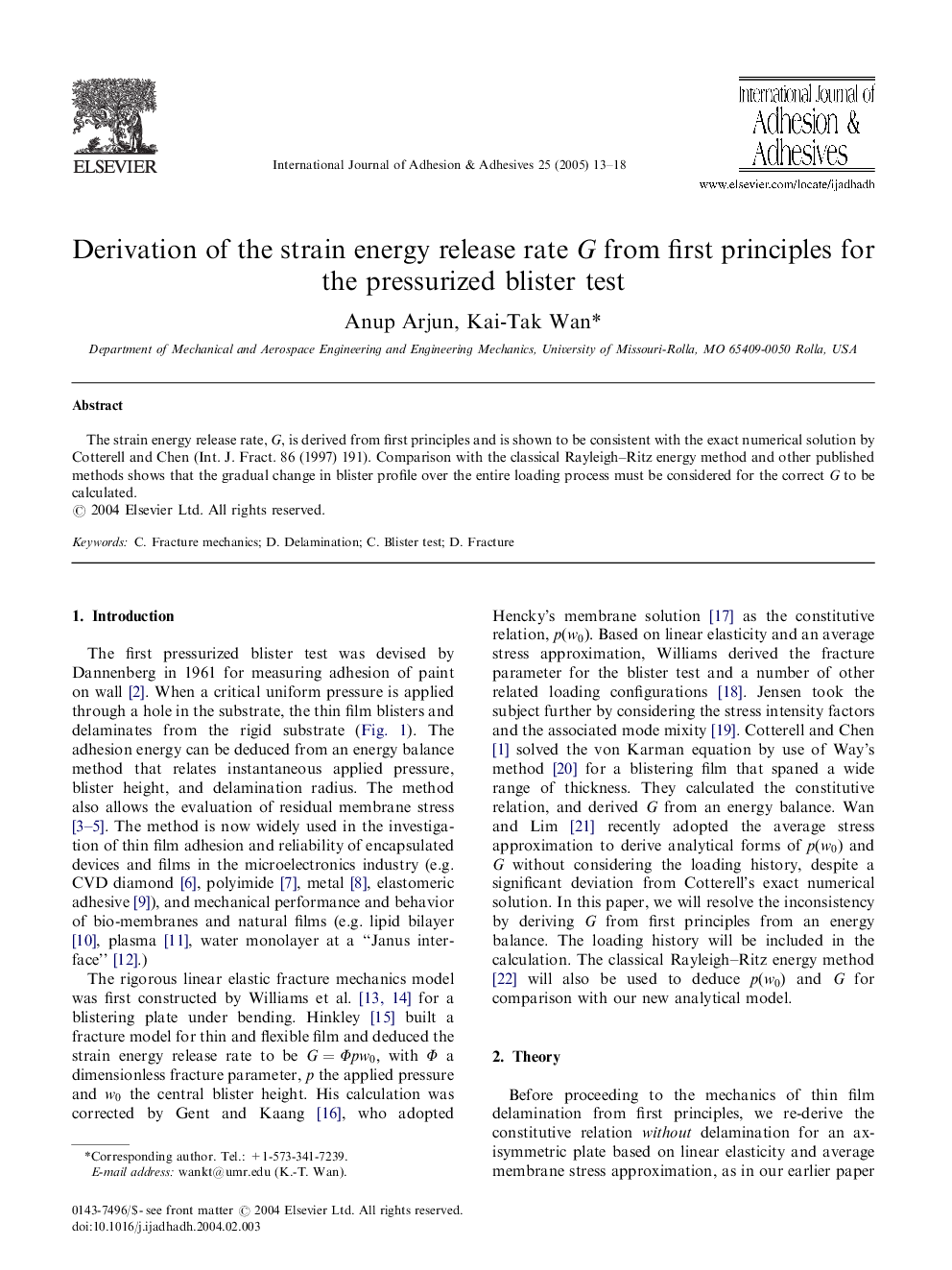 Derivation of the strain energy release rate G from first principles for the pressurized blister test