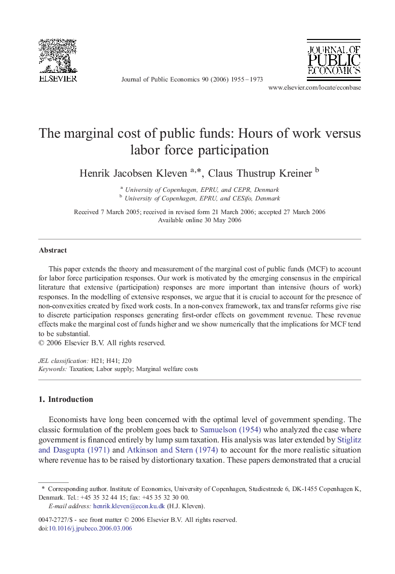 The marginal cost of public funds: Hours of work versus labor force participation