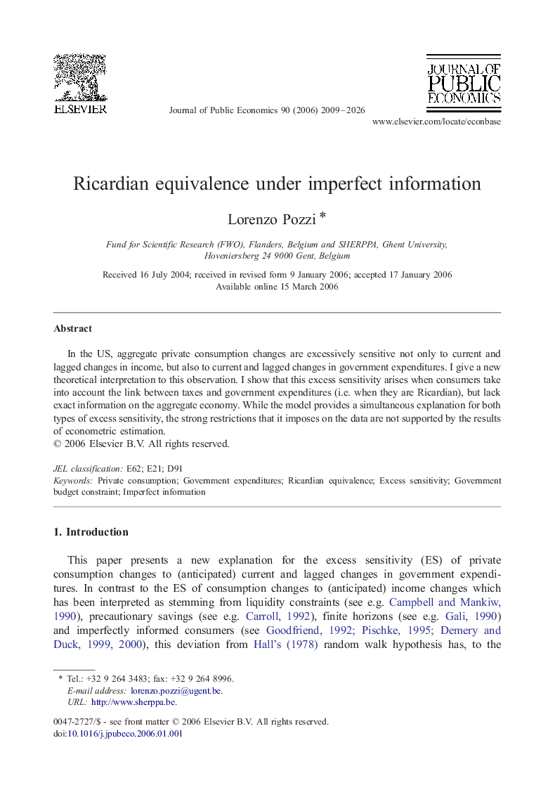 Ricardian equivalence under imperfect information