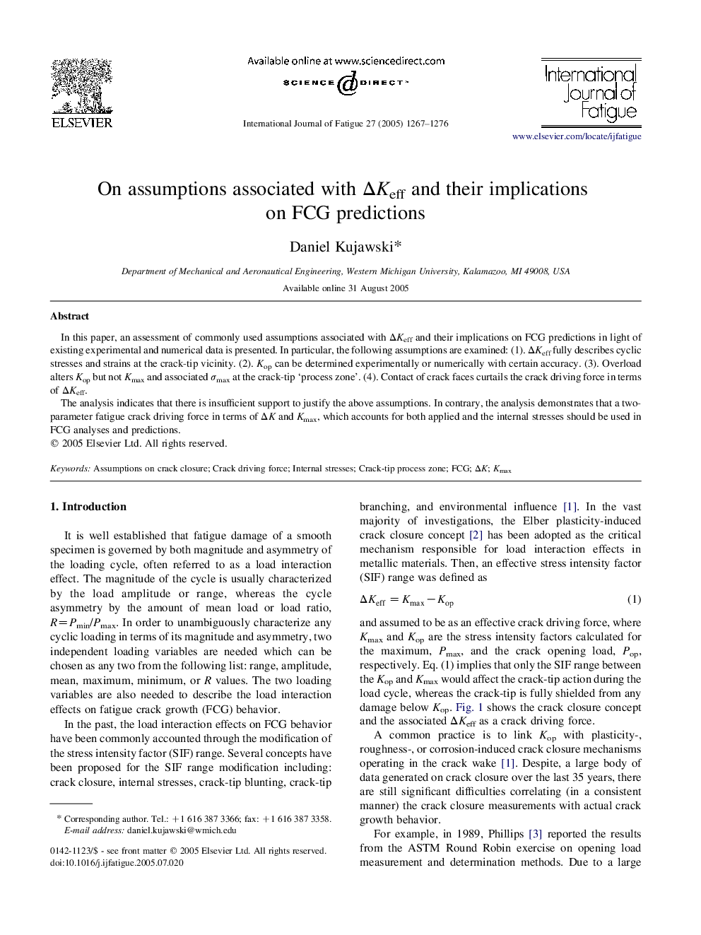 On assumptions associated with ÎKeff and their implications on FCG predictions