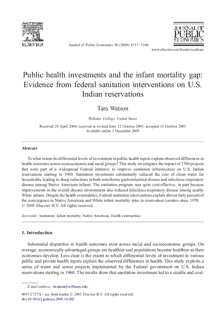 Public health investments and the infant mortality gap: Evidence from federal sanitation interventions on U.S. Indian reservations