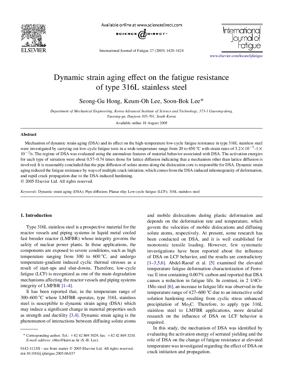 Dynamic strain aging effect on the fatigue resistance of type 316L stainless steel