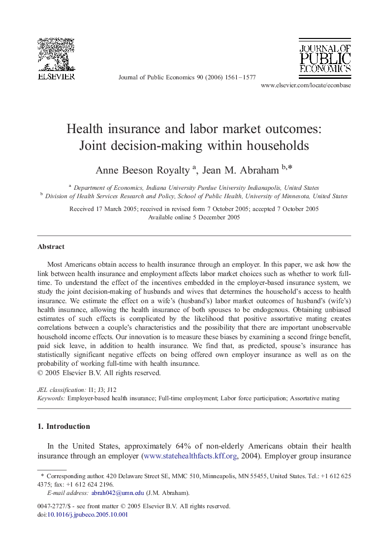 Health insurance and labor market outcomes: Joint decision-making within households