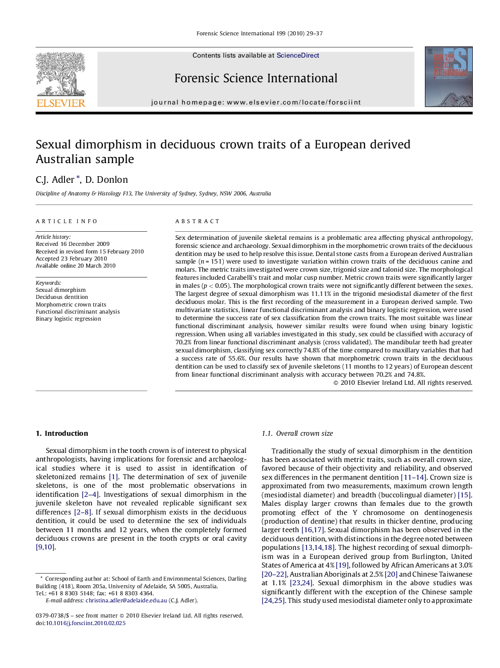 Sexual dimorphism in deciduous crown traits of a European derived Australian sample