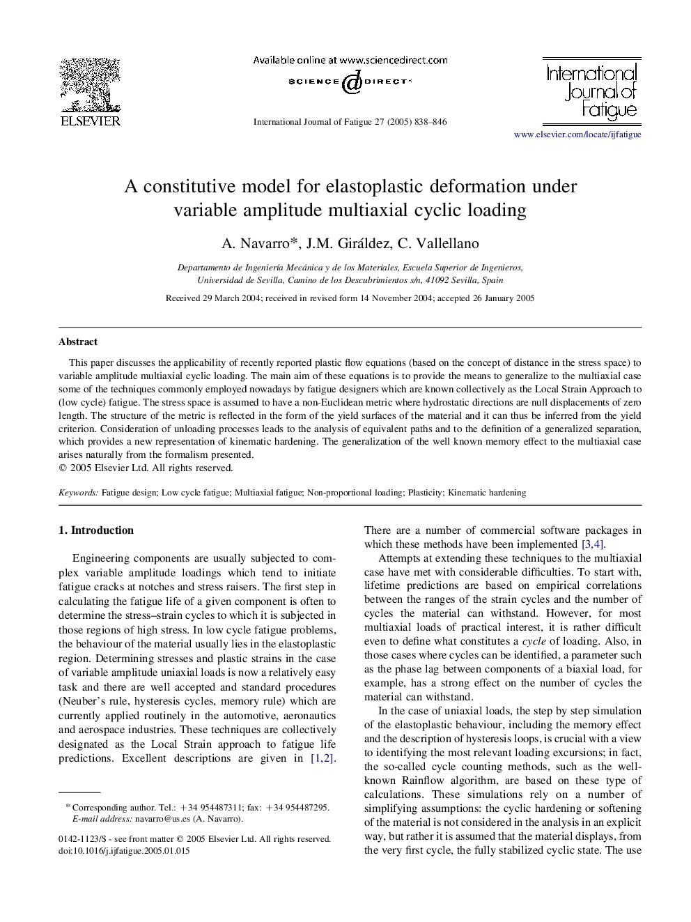 A constitutive model for elastoplastic deformation under variable amplitude multiaxial cyclic loading