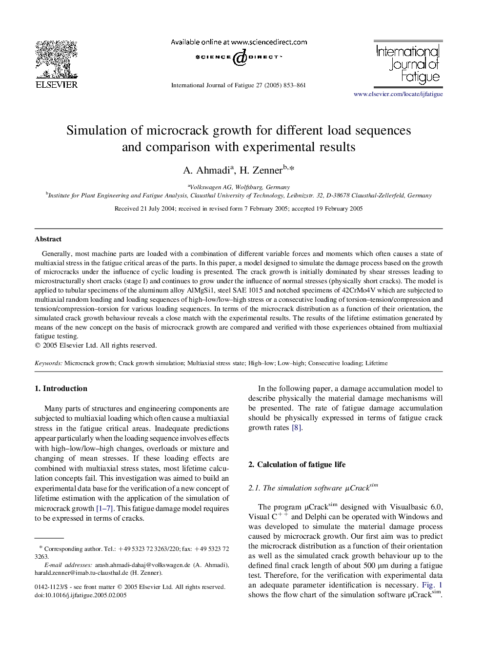 Simulation of microcrack growth for different load sequences and comparison with experimental results