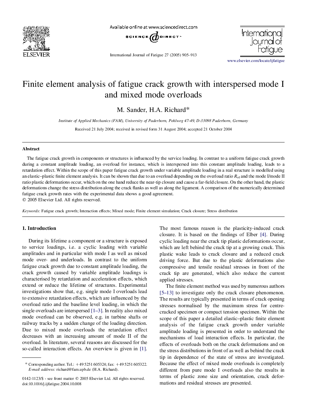 Finite element analysis of fatigue crack growth with interspersed mode I and mixed mode overloads