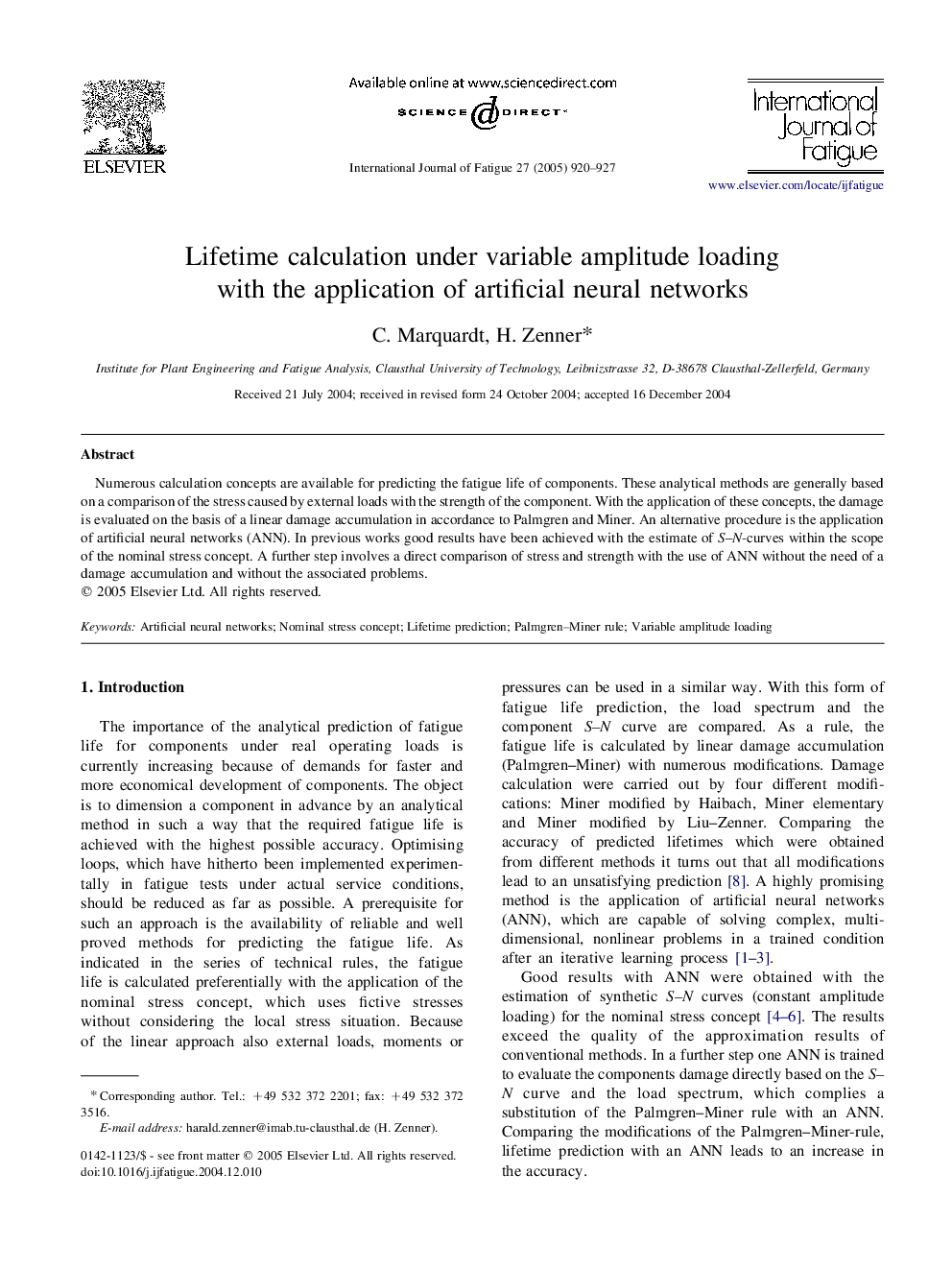 Lifetime calculation under variable amplitude loading with the application of artificial neural networks