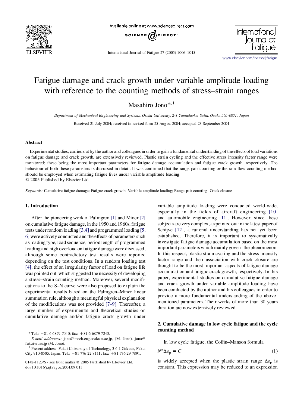 Fatigue damage and crack growth under variable amplitude loading with reference to the counting methods of stress-strain ranges