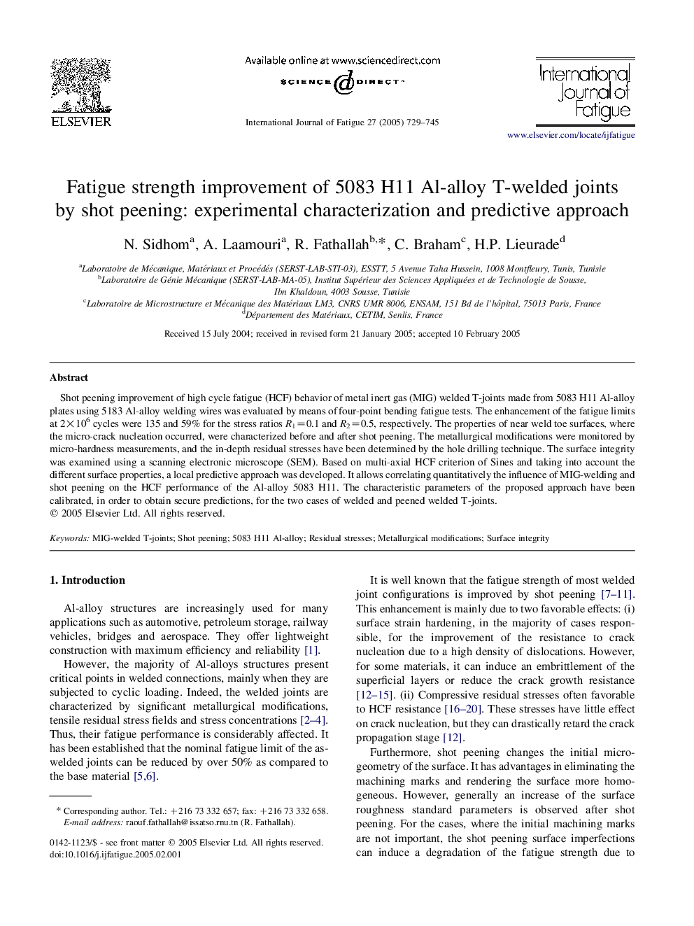 عکس صفحه اول مقاله: Fatigue strength improvement of 5083 H11 Al-alloy T-welded joints by shot peening: experimental characterization and predictive approach Fatigue strength improvement of 5083 H11 Al-alloy T-welded joints by shot peening: experimental characterization and predictive approach