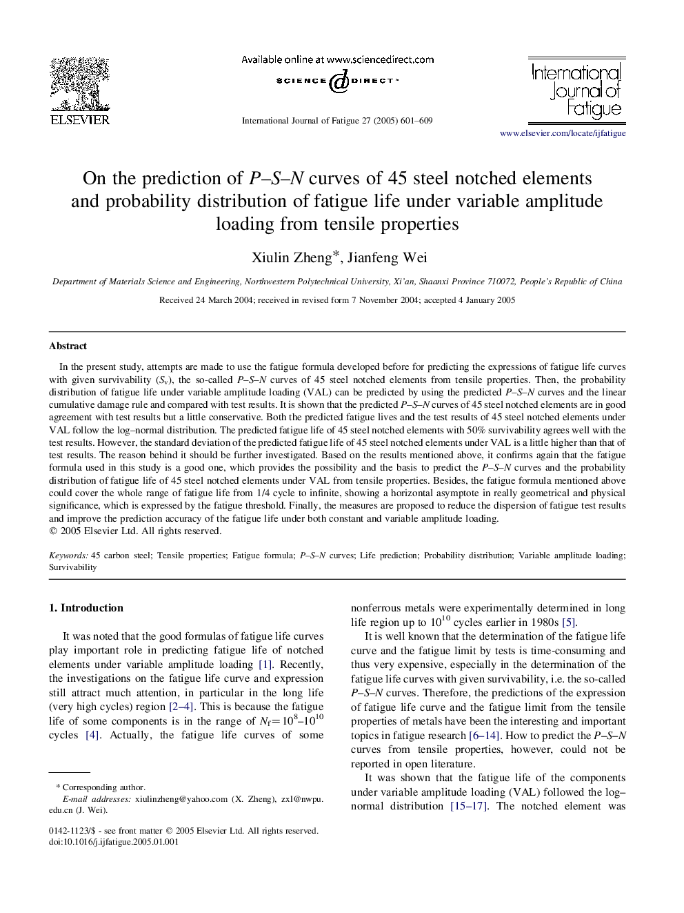 On the prediction of P-S-N curves of 45 steel notched elements and probability distribution of fatigue life under variable amplitude loading from tensile properties