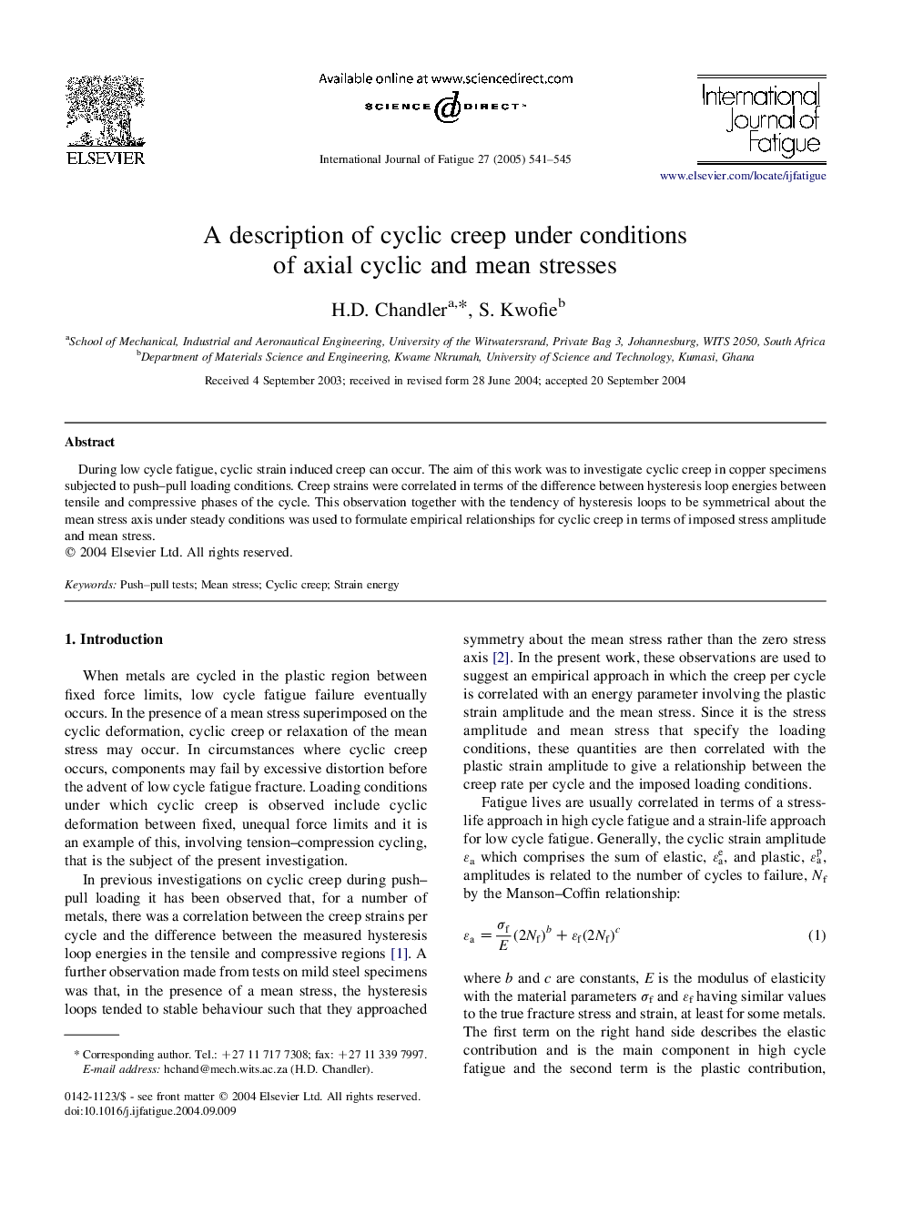 A description of cyclic creep under conditions of axial cyclic and mean stresses