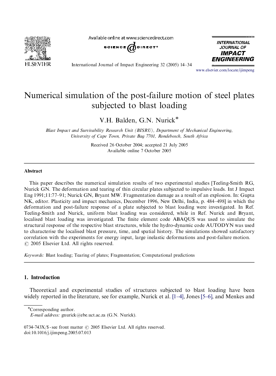 Numerical simulation of the post-failure motion of steel plates subjected to blast loading