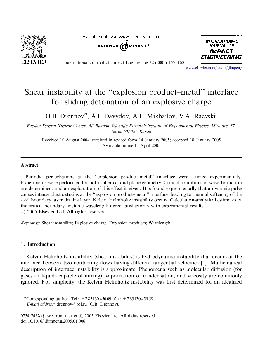 Shear instability at the “explosion product-metal” interface for sliding detonation of an explosive charge