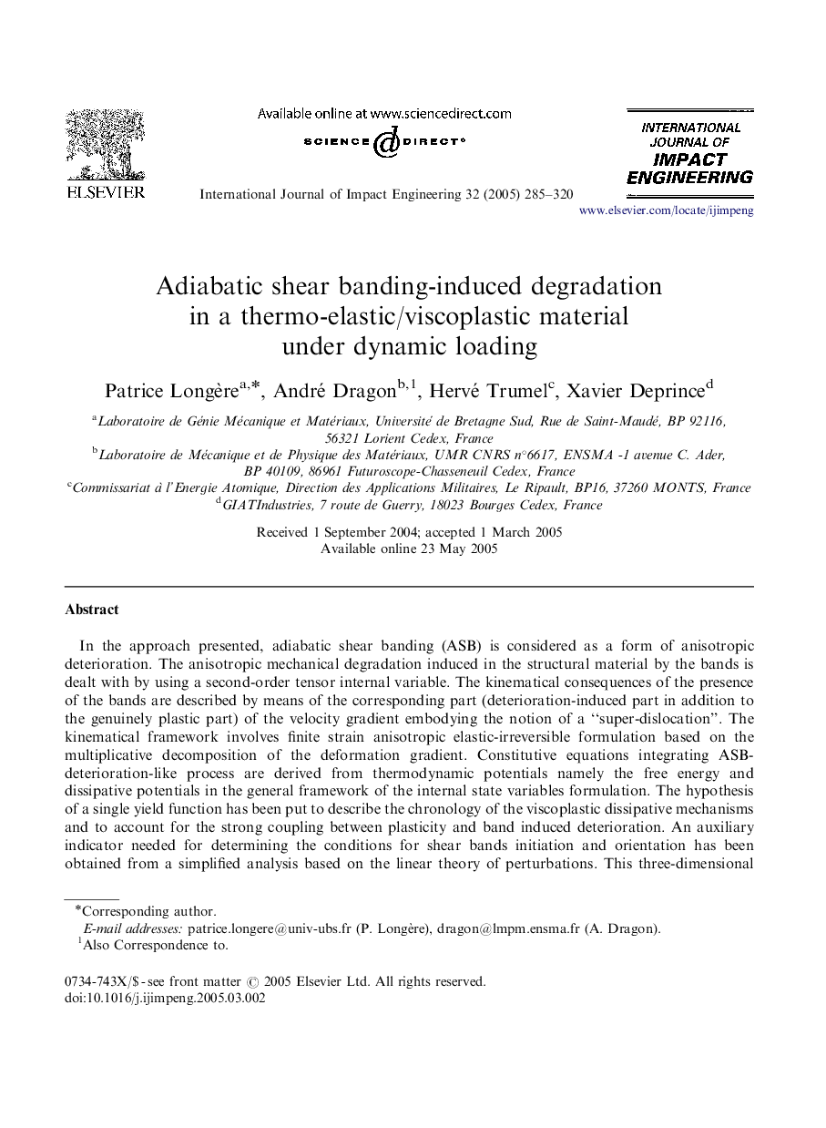 Adiabatic shear banding-induced degradation in a thermo-elastic/viscoplastic material under dynamic loading