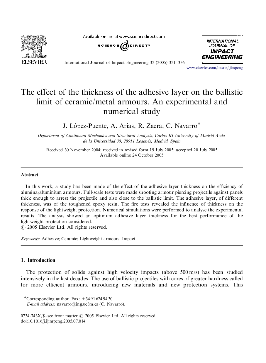 The effect of the thickness of the adhesive layer on the ballistic limit of ceramic/metal armours. An experimental and numerical study