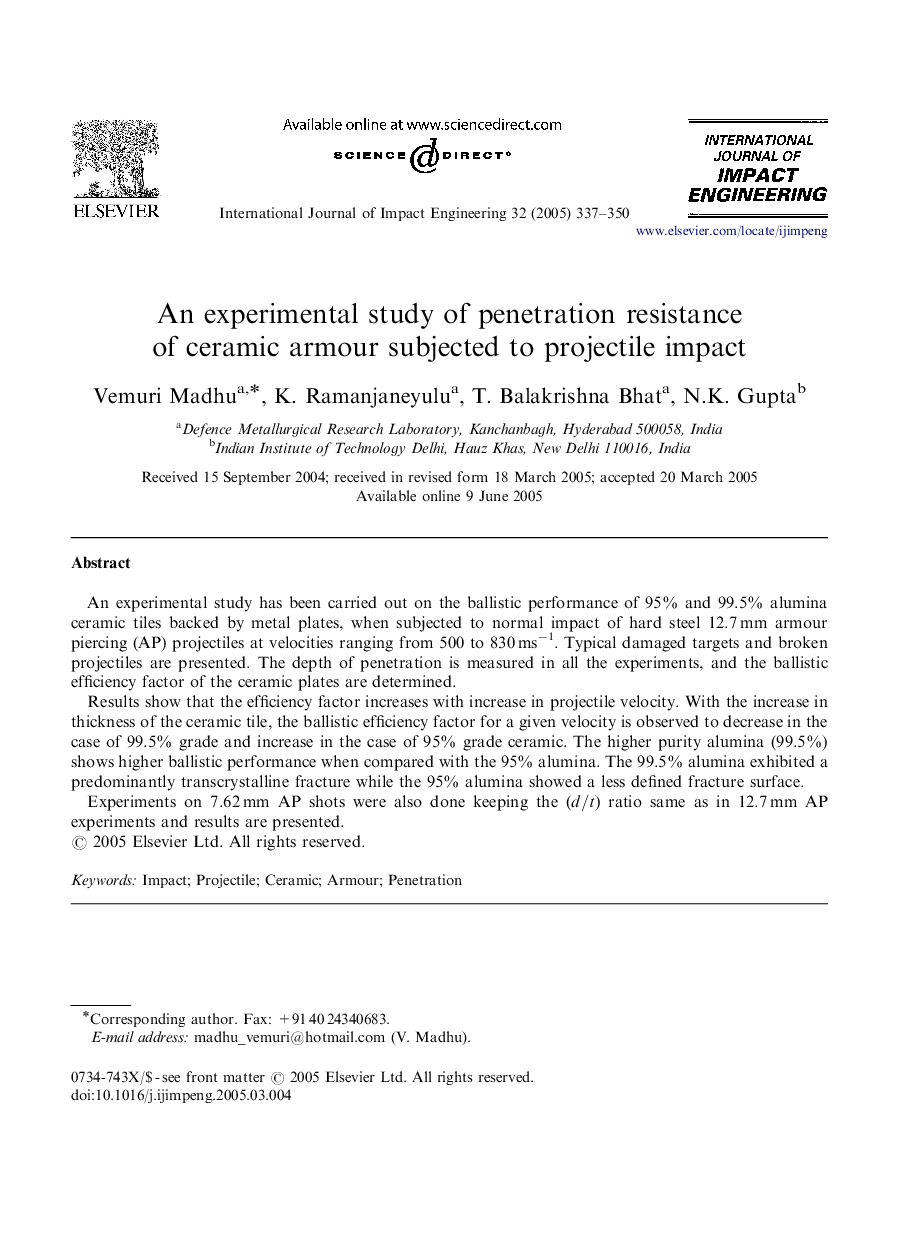 An experimental study of penetration resistance of ceramic armour subjected to projectile impact