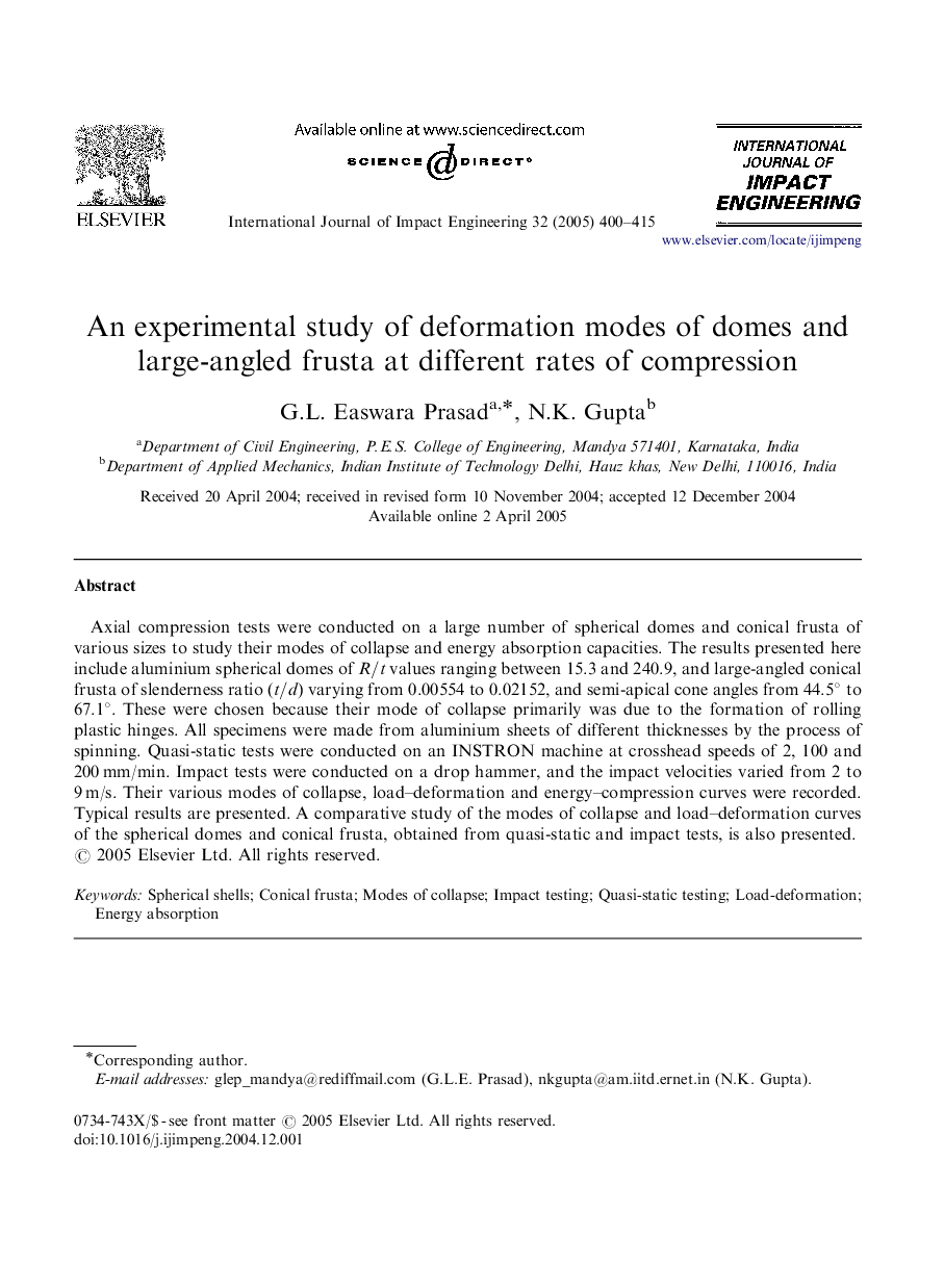 An experimental study of deformation modes of domes and large-angled frusta at different rates of compression