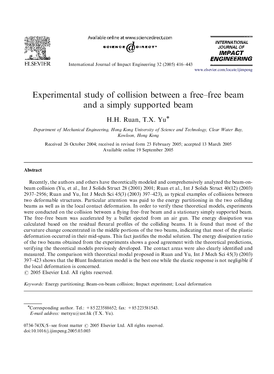 Experimental study of collision between a free-free beam and a simply supported beam