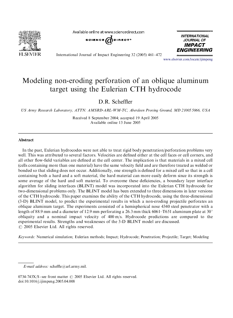 Modeling non-eroding perforation of an oblique aluminum target using the Eulerian CTH hydrocode