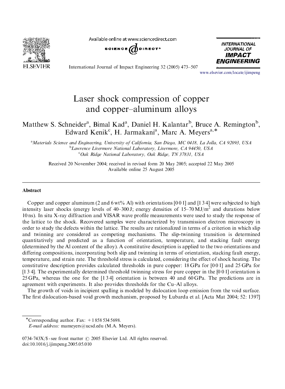 Laser shock compression of copper and copper-aluminum alloys