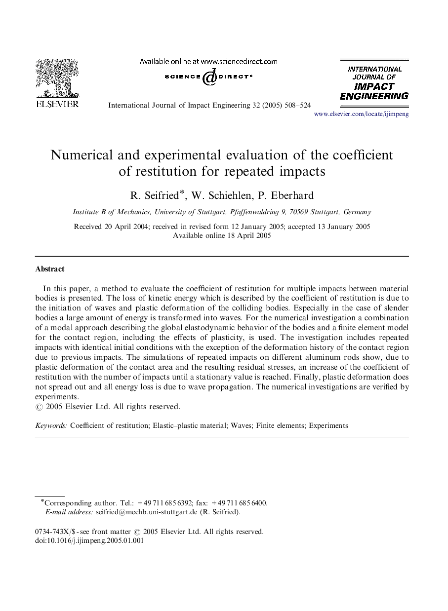 Numerical and experimental evaluation of the coefficient of restitution for repeated impacts