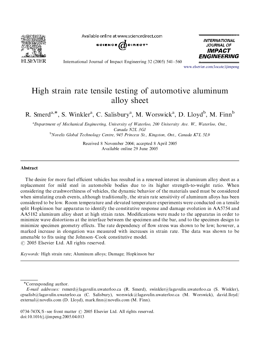 High strain rate tensile testing of automotive aluminum alloy sheet