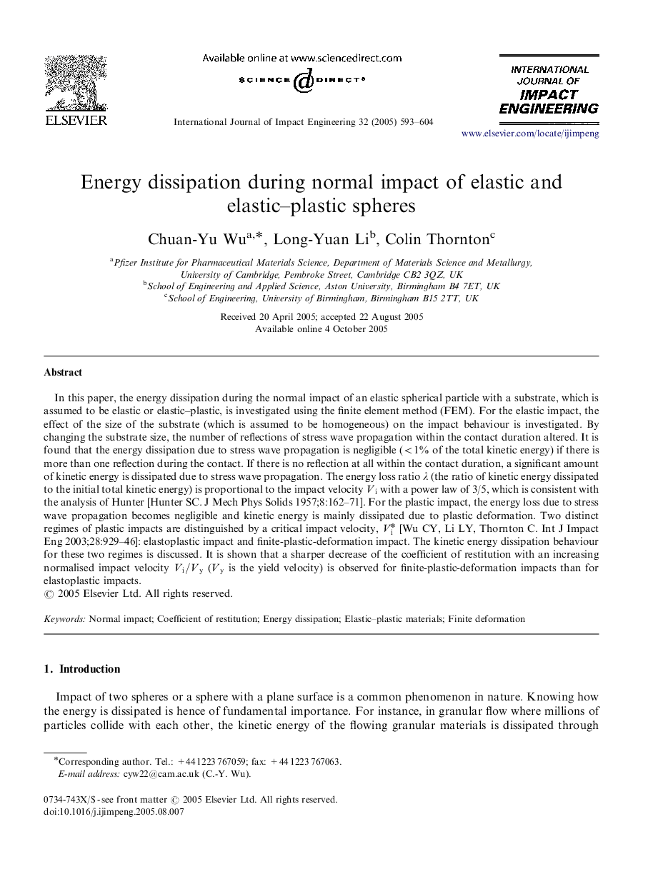 Energy dissipation during normal impact of elastic and elastic-plastic spheres