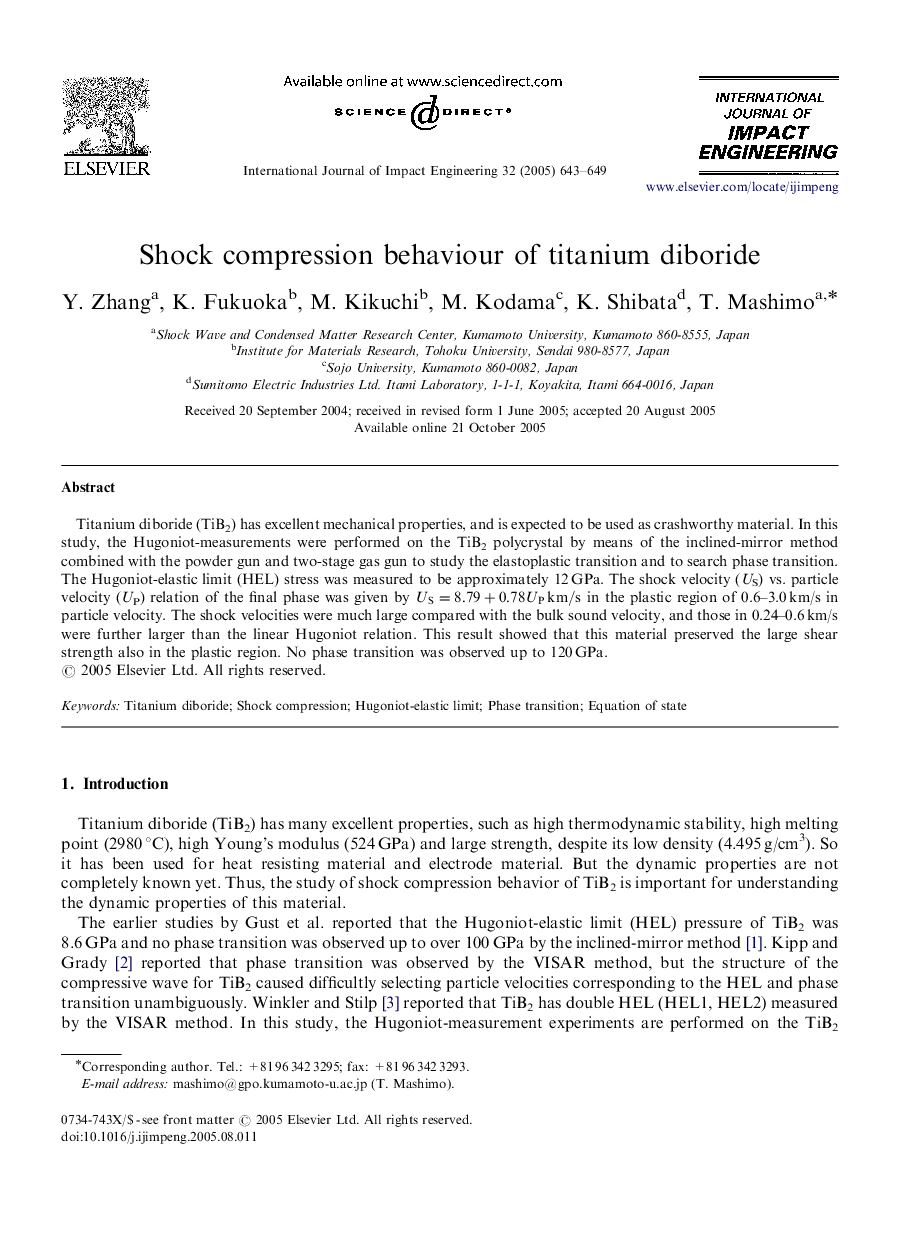 Shock compression behaviour of titanium diboride