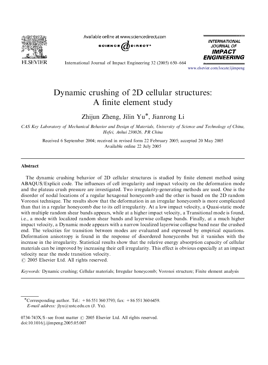 Dynamic crushing of 2D cellular structures: A finite element study