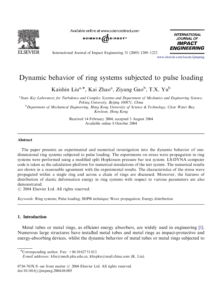 Dynamic behavior of ring systems subjected to pulse loading