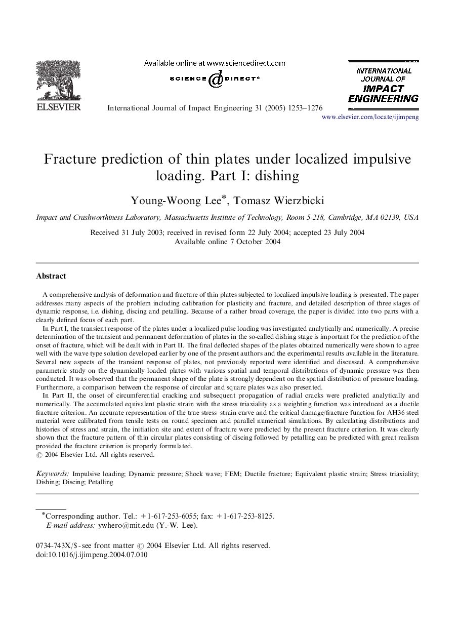 Fracture prediction of thin plates under localized impulsive loading. Part I: dishing