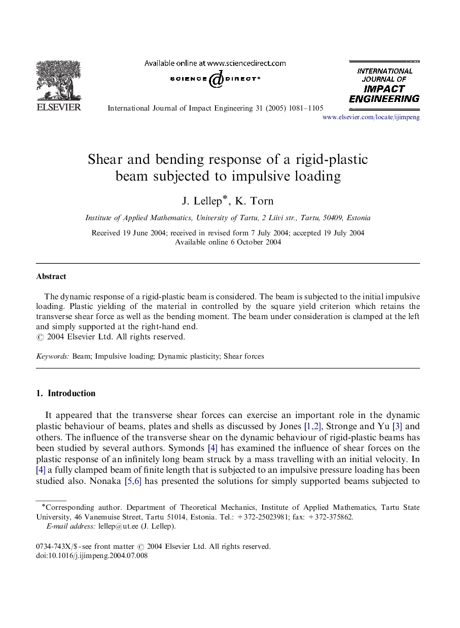 Shear and bending response of a rigid-plastic beam subjected to impulsive loading