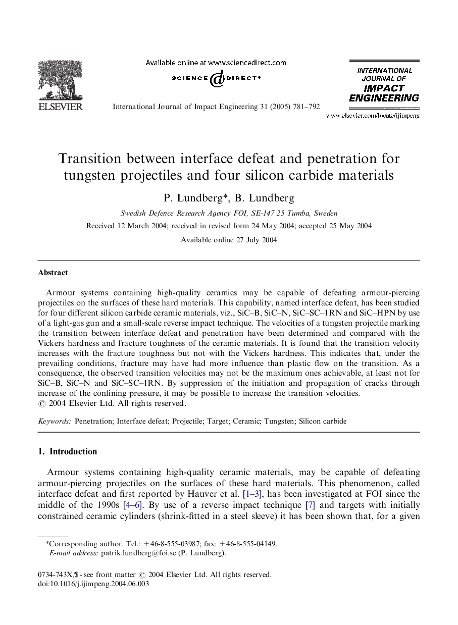 Transition between interface defeat and penetration for tungsten projectiles and four silicon carbide materials