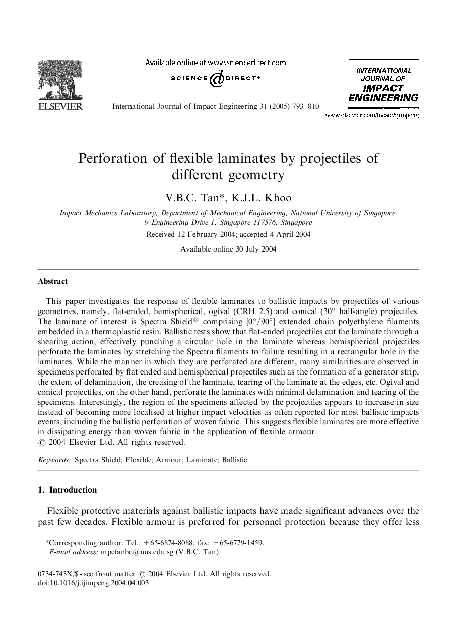 Perforation of flexible laminates by projectiles of different geometry