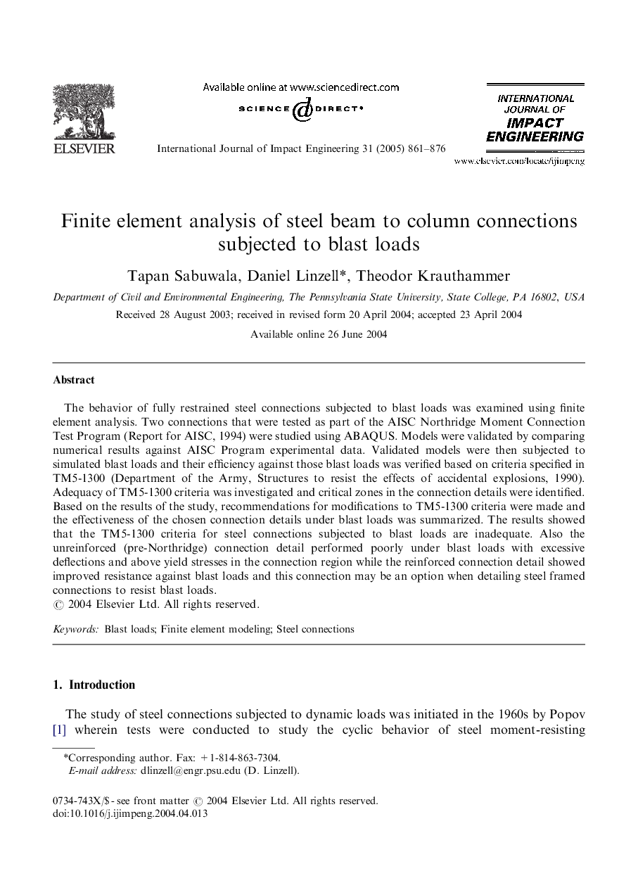 Finite element analysis of steel beam to column connections subjected to blast loads